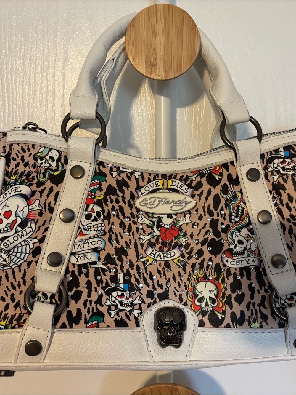 Ed Hardy White & Leopard Print Tattoo Skull Handbag
